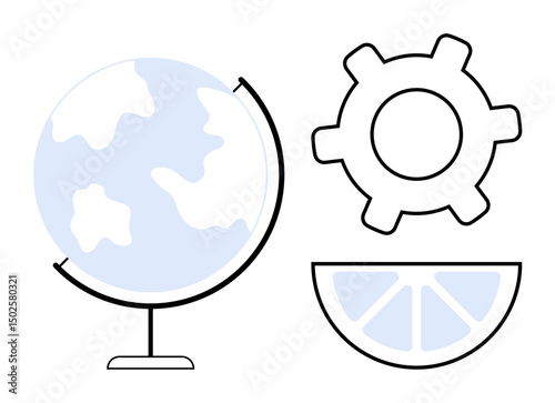 Globe, gear, and lemon slice combining elements of global connection, innovation, and nature. Ideal for sustainability, collaboration, eco-ideas, global impact production education creativity