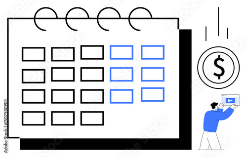 Calendar grid with blue highlights alongside a dollar coin symbol, man holding a screen with a play button. Ideal for finance, scheduling, content creation, productivity, time management, digital