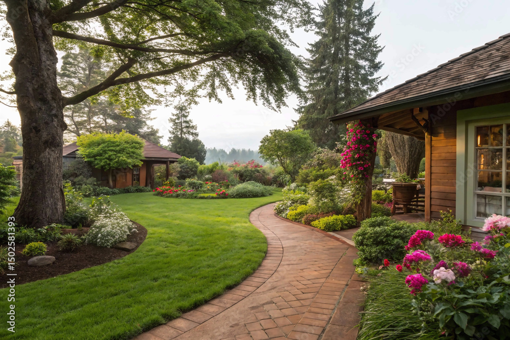 Naklejka premium garden in the garden, Backyard cottage garden on brown pavement, green grass lawn