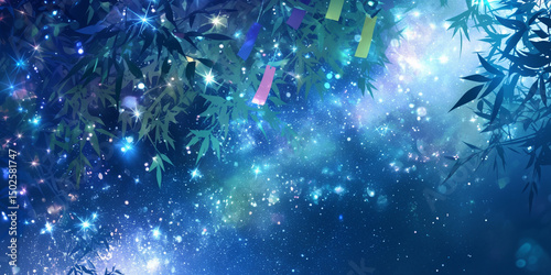 七夕の夜の星空と笹飾り