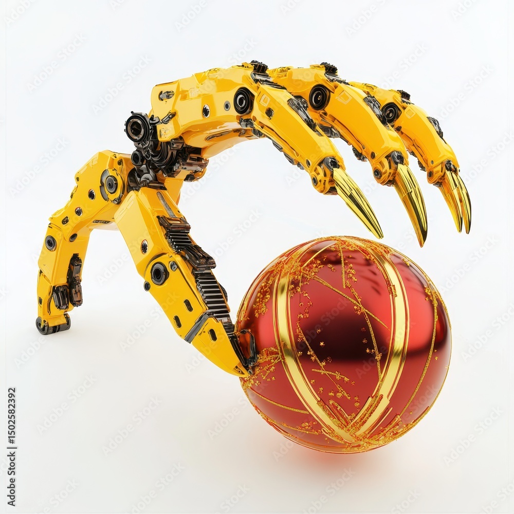 Fototapeta premium Vibrant Robotic Claw Gripping a Red Christmas Ornament Emphasizing Festive Entertainment