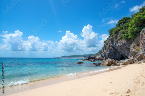 sandy beach with clear water and rocks in the foreground