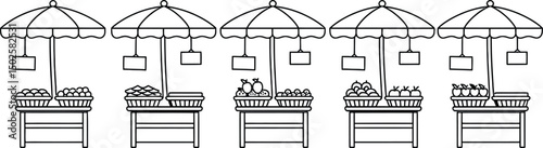 Outlined fruit stands with umbrellas illustration for coloring books or graphic designs