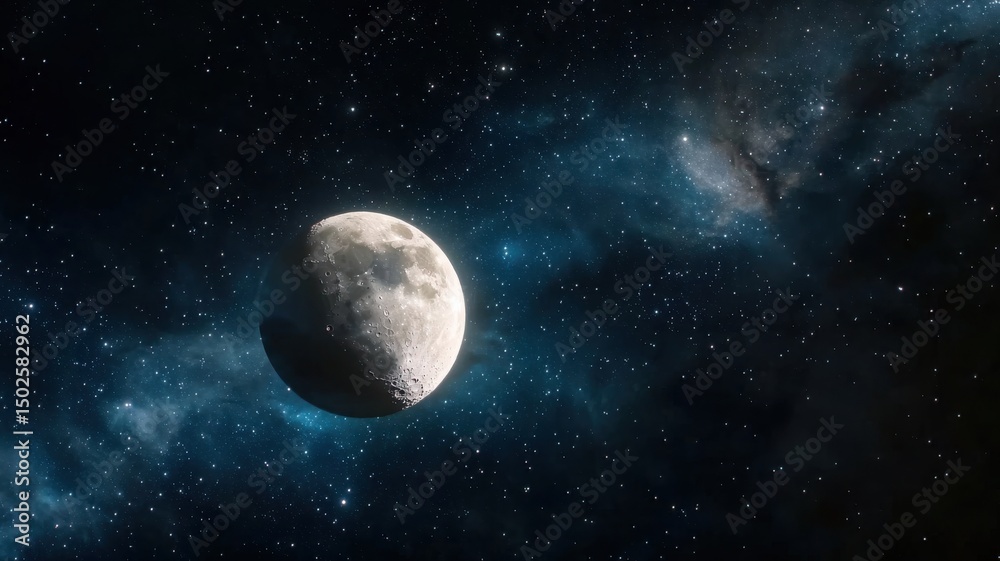 Obraz premium Mysterious Moon in Starry Deep Space with Nebula space nebula mysterious stars universe astronomy ai