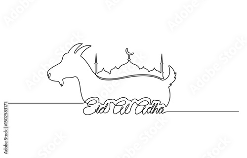 Continuous line drawing of goat, mosque, Muslim holiday sacrifice an animal to eid al adha. Vector illustration.