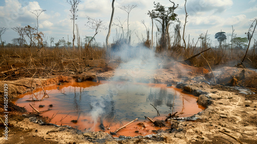 A red boiling well with smoke rising from it, with mud and some trees in the background