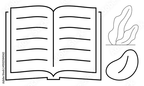 Open book with evenly spaced lines, abstract leaf and pebble elements. Ideal for education, literature, creativity, ecology, minimalism, relaxation, simple landing page
