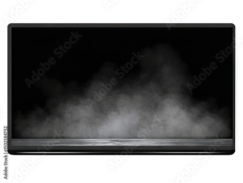 Black laptop screen, smoky backdrop