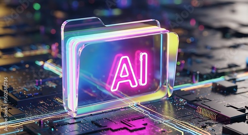 Neon AI File Folder Icon on Circuit Board, Glowing Pink and Teal Data Flowing, Symbolic of Artificial Intelligence and Digital Data Storage on Computer Hardware