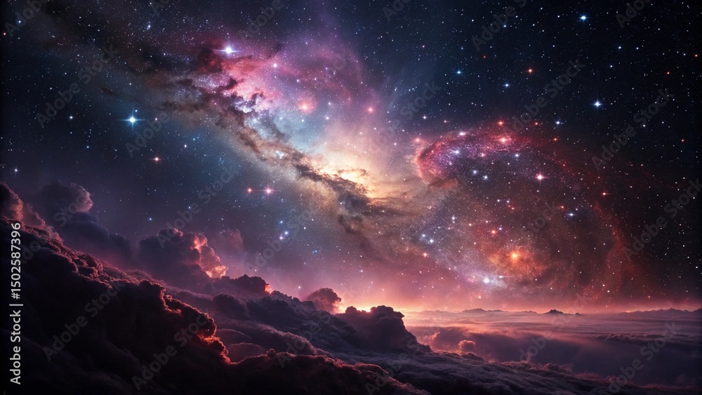 Naklejka premium Swirling Nebula and Star Cluster in Vibrant Galactic Expanse