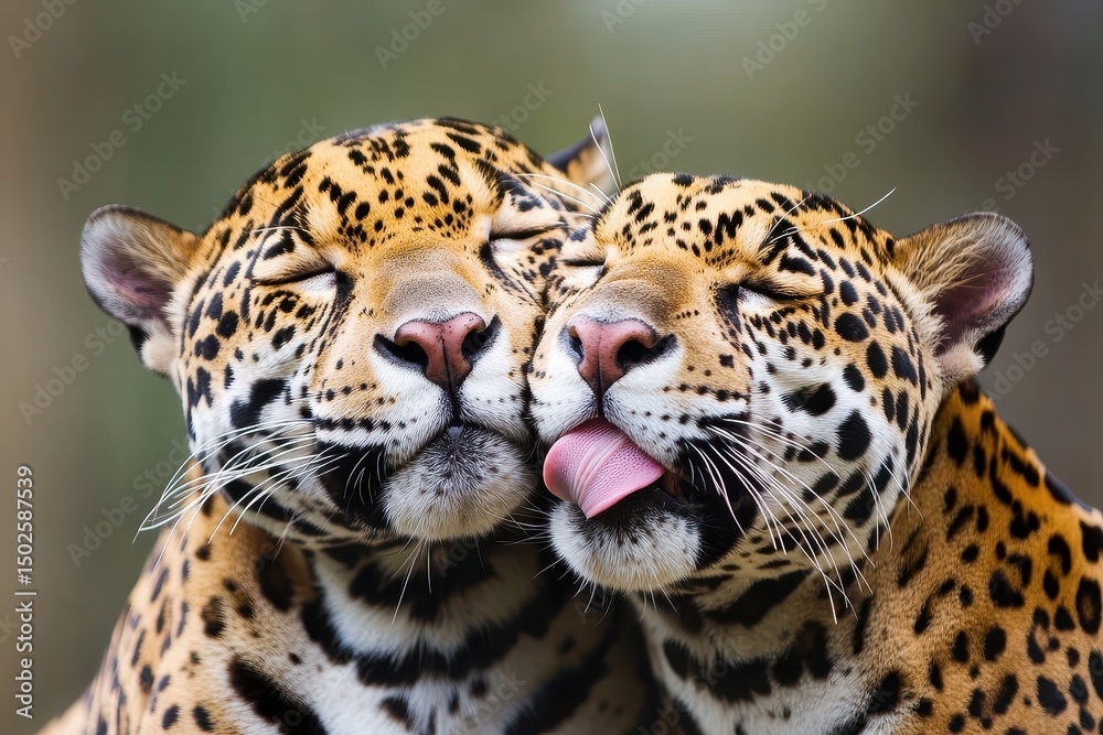 Fototapeta premium Intimate Moment in Brazil: Close-Up of Jaguars Engaged in Grooming Rituals in the Pantanal