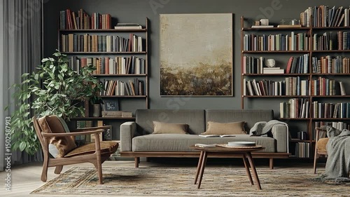 Wallpaper Mural Cozy living room with a sofa, armchairs, bookshelves filled with books, a large painting, and a potted plant Torontodigital.ca