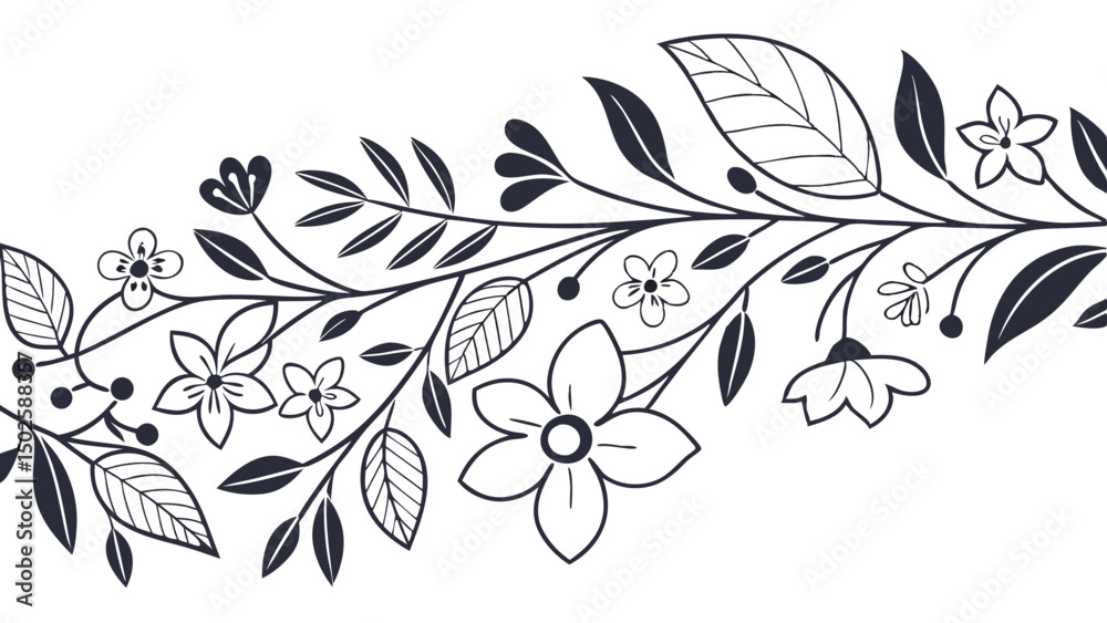 Fototapeta premium Elegant Botanical Design Border Illustration with Floral and Leaf Elements