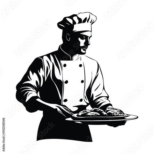 A chef preparing and presenting black silhouette