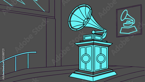 Animated phonograph scene with futuristic neon lighting in a grey room