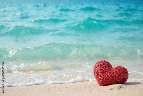 red heart on the beach next to the ocean
