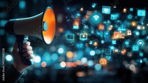 of a hand holding a megaphone surrounded by a variety of digital media icons and symbols representing the power of technology and social platforms for communication marketing and outreach