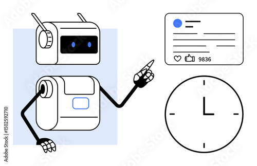 Robot pointing at a social media post with engagement metrics next to a clock depicting time tracking and automation. Ideal for AI, technology, automation, scheduling, productivity, time management
