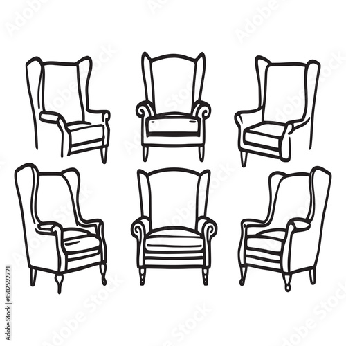 Classic furniture line art featuring cozy wingback seat