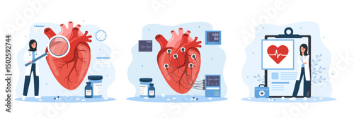 Cardiologist concept. Cardiovascular diseases and health care. Set of muslim female doctors in hijab. Vector illustrations in flat cartoon style.
