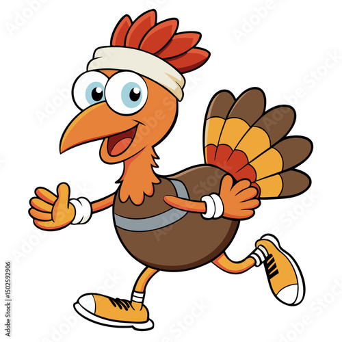 A cheerful cartoon turkey jogs with a big smile, wearing a headband and athletic gear—perfect for fun Thanksgiving and fitness-themed designs.