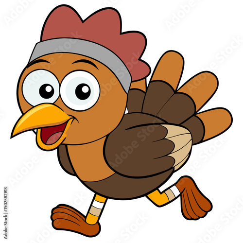 A cheerful cartoon turkey jogs with a big smile, wearing a headband and athletic gear—perfect for fun Thanksgiving and fitness-themed designs.