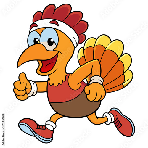 A cheerful cartoon turkey jogs with a big smile, wearing a headband and athletic gear—perfect for fun Thanksgiving and fitness-themed designs.