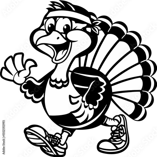 A cheerful cartoon turkey jogs with a big smile, wearing a headband and athletic gear—perfect for fun Thanksgiving and fitness-themed designs.