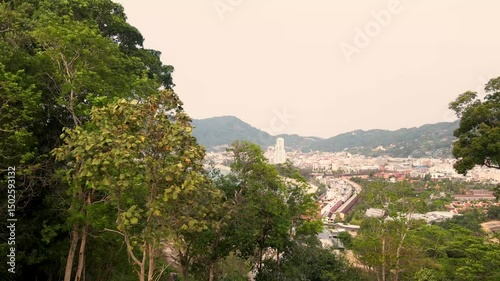 Aerial view beautiful Patong Beach in Phuket Thailand, Landscape of patong city phuket in sunny summer day time, Beautiful tropical sea,High angle view Sea beach Sunset in the evening