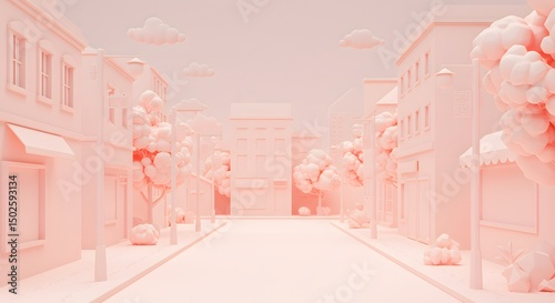 Serene Pink Cityscape: A Pastel Dream of Architectural Harmony and Tranquil Streets