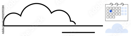 Cloud outline with minimal lines next to a calendar. Marked date emphasizes planning, deadlines, or scheduling. Ideal for data management, cloud computing, time management, task tracking