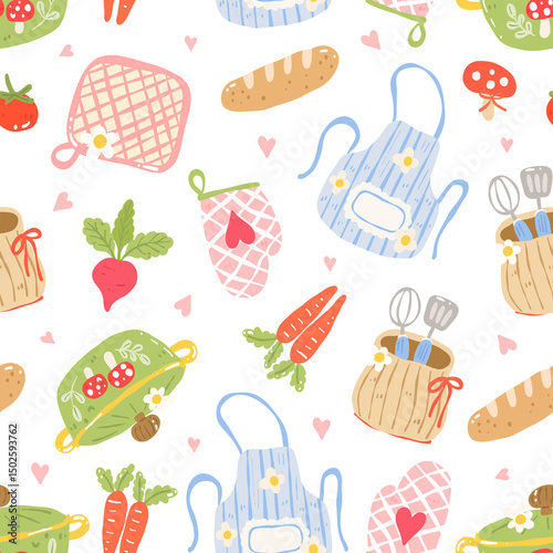 Cozy Kitchen Seamless Pattern, Cooking Tools and Vegetables Clipart