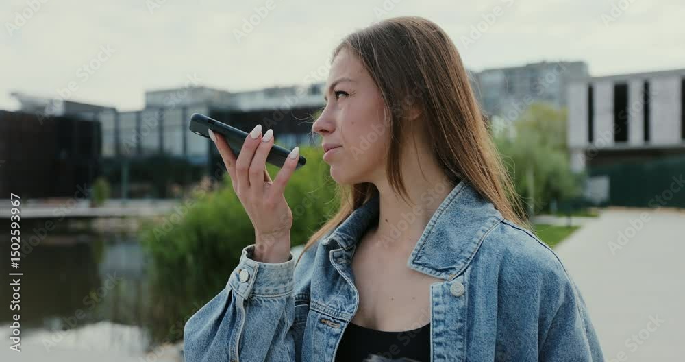 Woman holding phone speak activate virtual digital voice assistant on smartphone. Girl using smart phone voice recognition, dictates thoughts, voice dialing message.