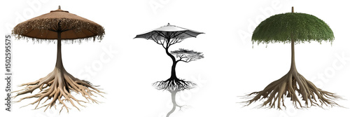 Set of A Umbrella Shaped Tree with Exposed Roots isolated on a transparent background.