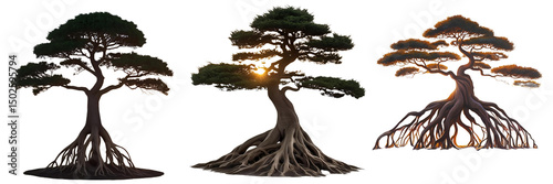  Set of A Zen Tree on Sunset Landscape with Exposed Roots isolated on a transparent background.