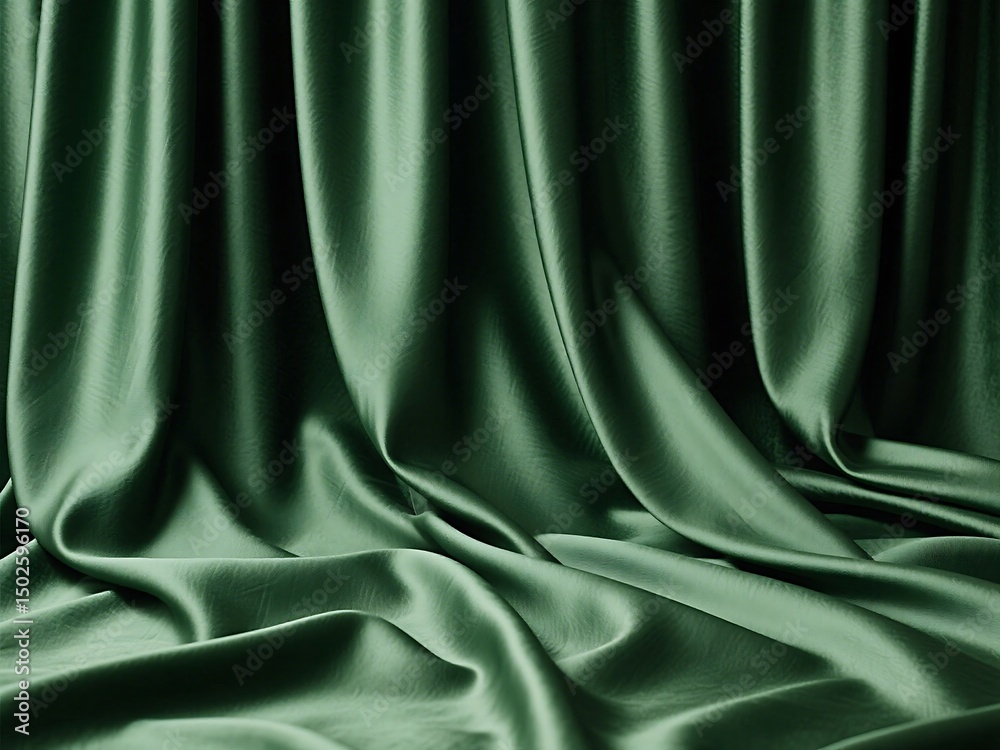Obraz premium Elegant green satin fabric draped beautifully with shadows and flowing textures