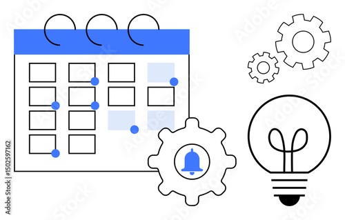 Calendar with highlighted dates, notification gear, glowing light bulb, and additional gears. Ideal for planning, scheduling, productivity, reminders innovation workflow and strategies. Flat