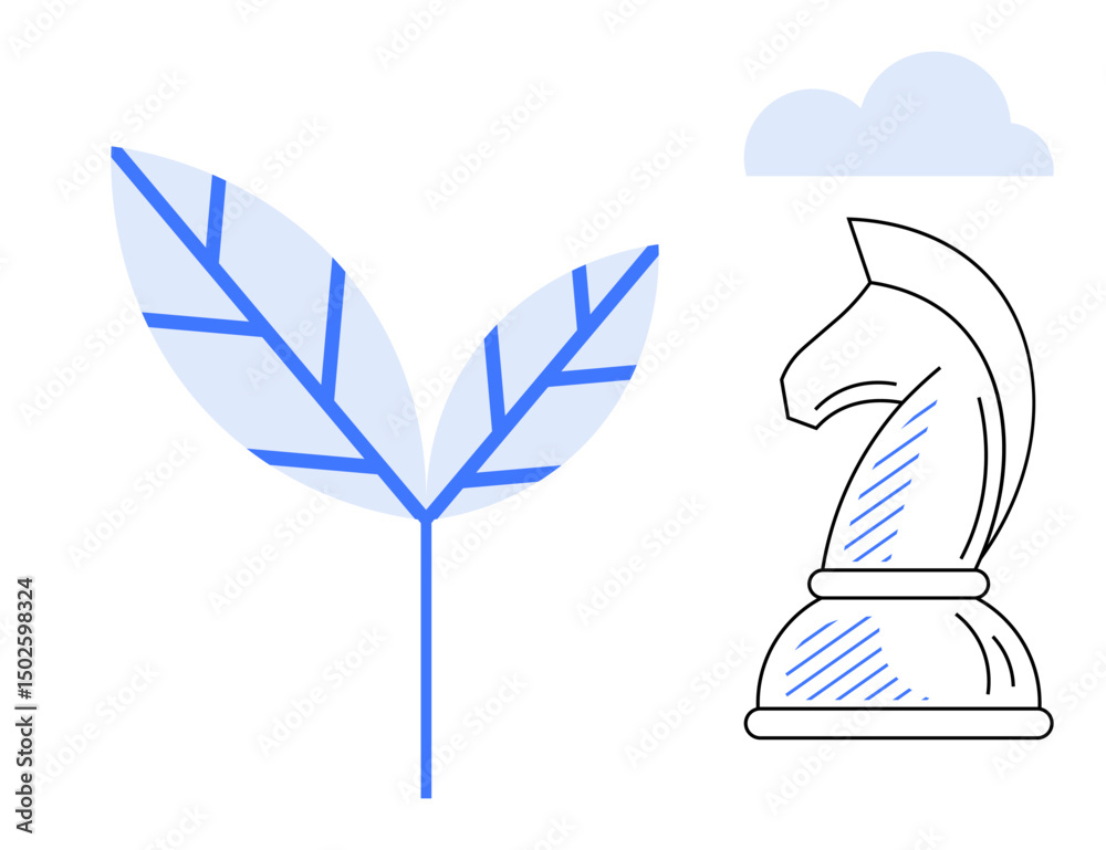 Leaf branch next to chess knight figurine under cloud, representing natures growth and problem-solving strategies. Ideal for sustainability, planning, leadership, environment, logic, innovation, flat