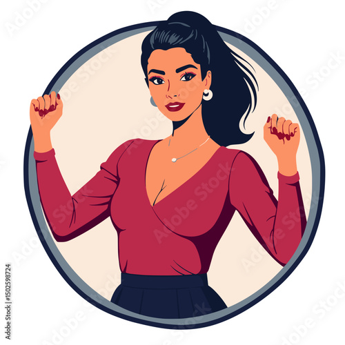 Confident woman striking power pose in mirror, empowerment concept