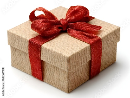 A beautifully wrapped gift box with a red ribbon bow sits on a white background perfect for holiday or birthday celebrations.