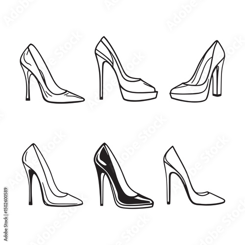Hand drawn outline of fashionable high heel shoe
