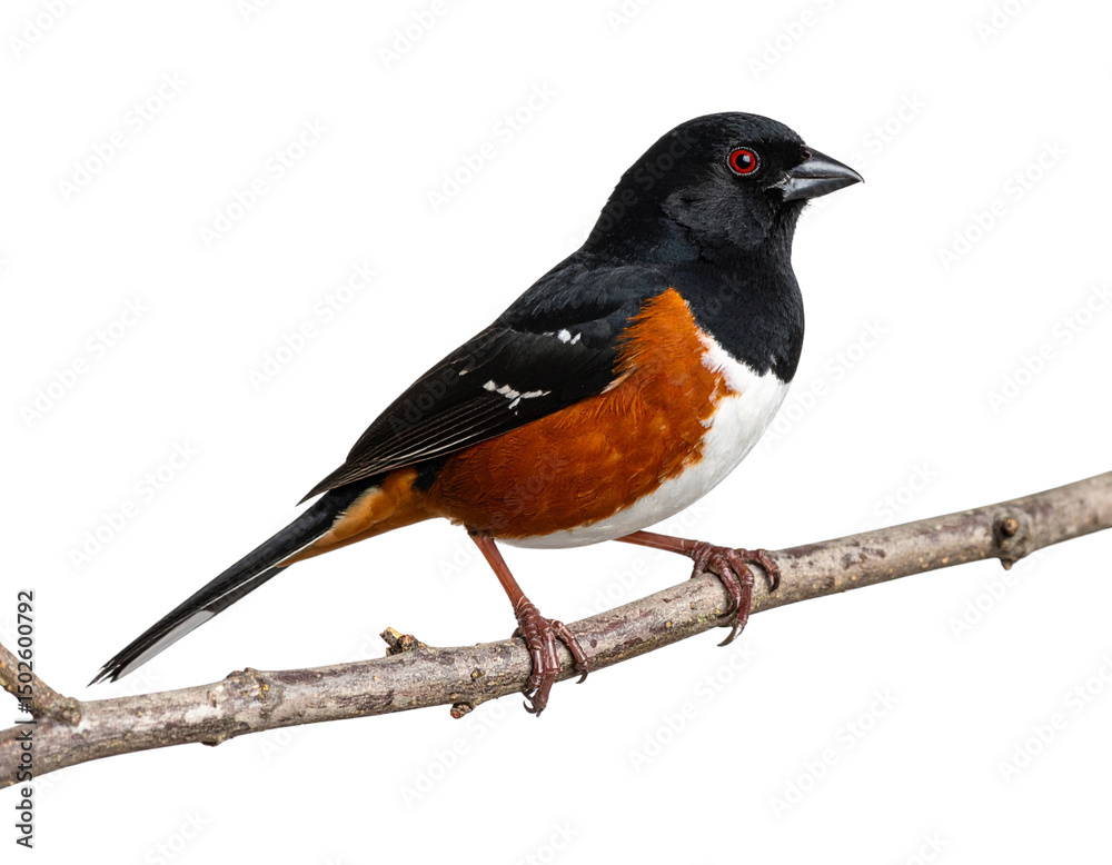 Fototapeta premium “Eastern Towhee Bird Perched on a Twig, Side Profile View, Realistic PNG Overlay”.