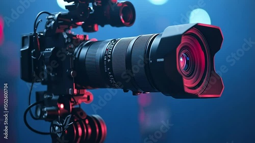 Professional camera with large zoom lens against blurred blue background with red and light blue bokeh