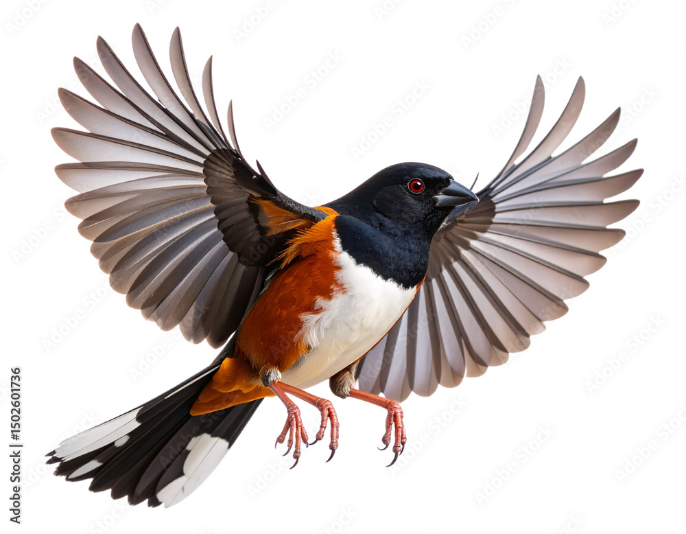 Obraz premium “Flying Eastern Towhee Bird with Outstretched Wings and Tail Feathers, Mid-Air Motion PNG”.