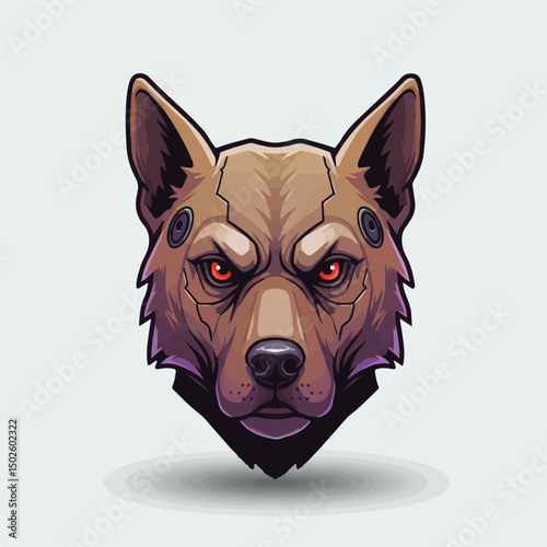 An illustration of a brown robotic dog head with menacing red eyes, sharp features, and a serious expression against a light gray background.