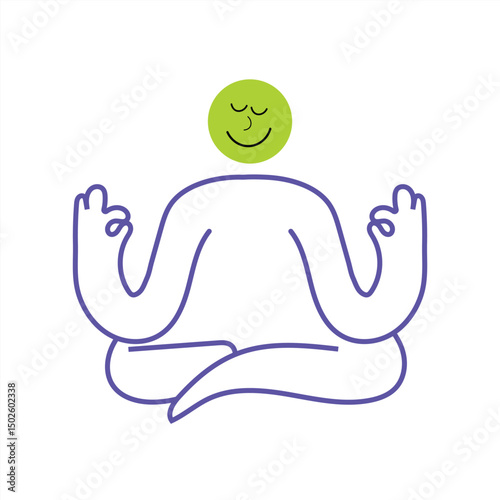 Vector Illustration of a Person in Meditation Pose with a Smiling Face and Green Halo - Symbol of Calm, Peace, and Mindfulness