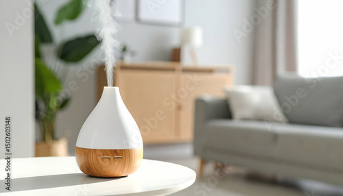 Wooden Essential Oil Diffuser on White Table in Modern Living Room