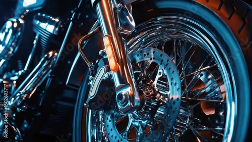 Captivating Motorcycle Front Wheel: Close-Up Chrome and Mechanical Elegance Display