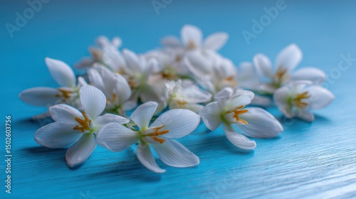 Delicate white five-petaled flowers with vibrant yellow stamens arranged on a rich blue wooden surface, showcasing natural beauty and simplicity. Soft, out-of-focus blue background enhances the contra