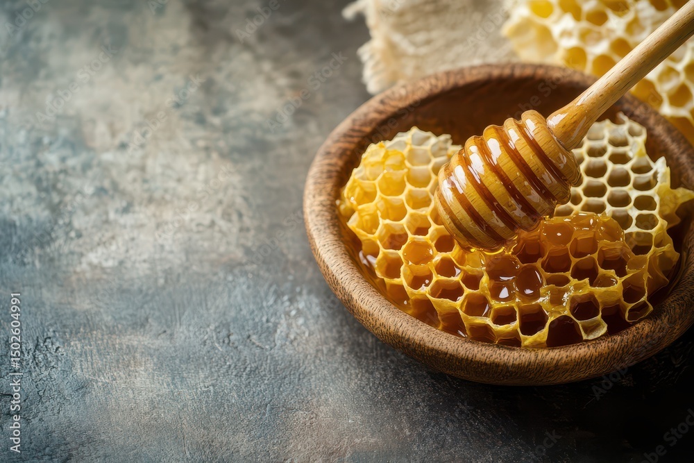 Honey drips from a wooden dipper into a bowl Honey drips from a wooden dipper into a bowl